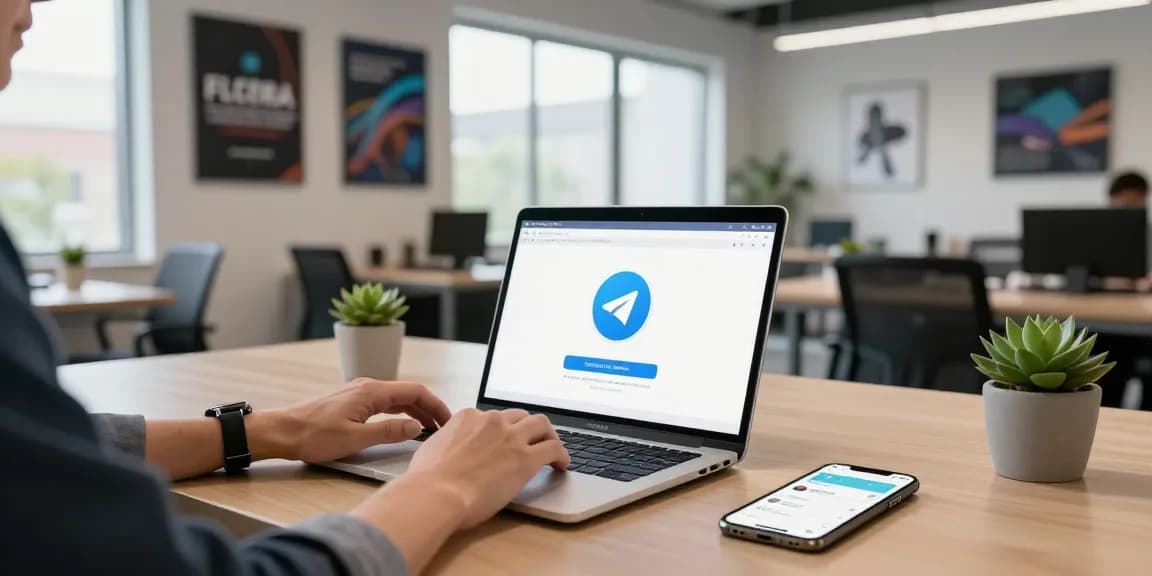 Download Telegram on a laptop with a modern tech workspace and communication tools.