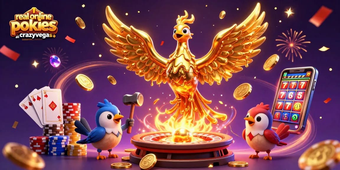 Engage with real online pokies australia at crazyvegas showcasing captivating 3D golden phoenix and gaming action.
