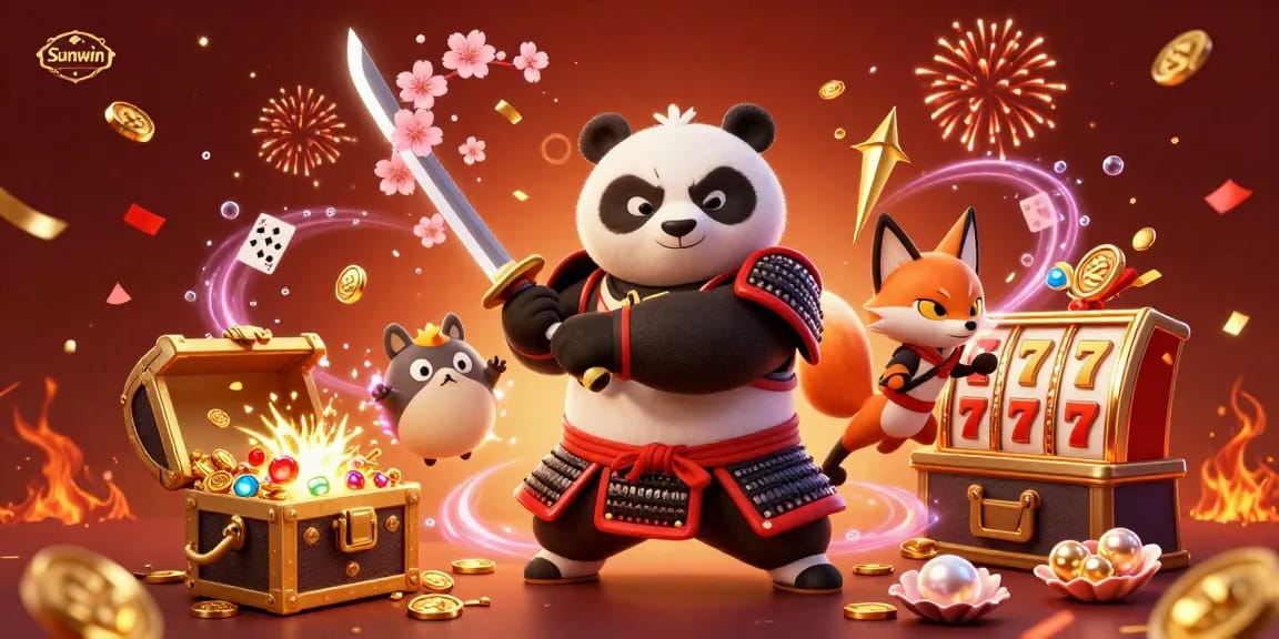 Experience thrilling moments with Sunwin's vibrant gaming scene featuring a samurai panda and fortune elements.
