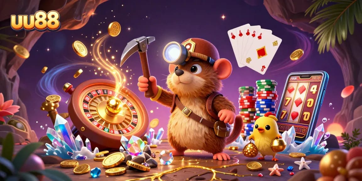 Experience the thrill of uu88 with a vibrant treasure hunt illustration featuring a mole, gems, and golden coins.