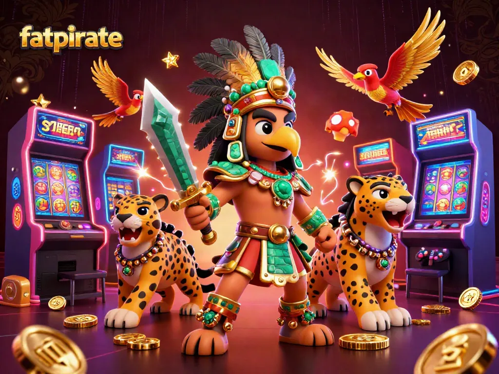 Engage with fatpirate's thrilling slots and jackpot games in this vibrant 3D illustration.