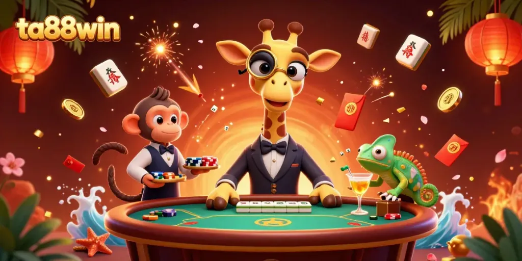 Experience top-tier gambling with ta88win's vibrant 3D casino scene featuring a high-roller giraffe.