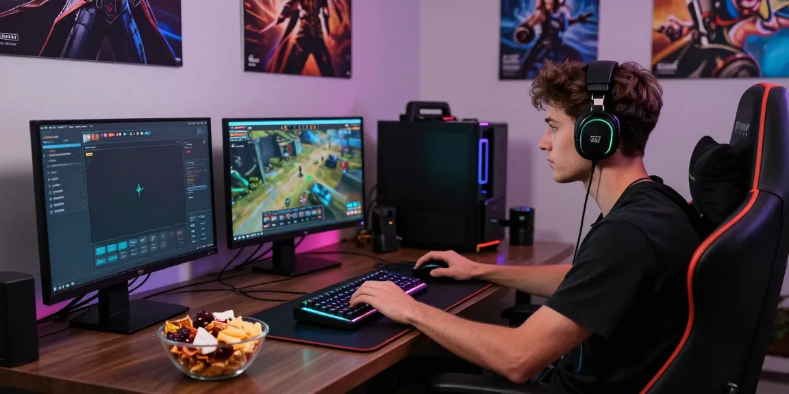 Engaged gamer at https://manclub1.jp.net/ surrounded by RGB gear and multiple screens, focused and lively atmosphere.