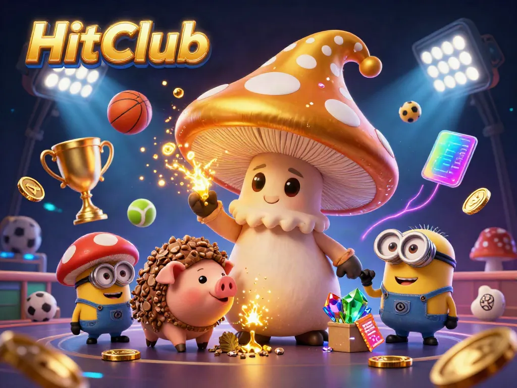 Experience the thrill of HitClub with a 3D golden mushroom wizard casting spells in a vibrant casino scene.