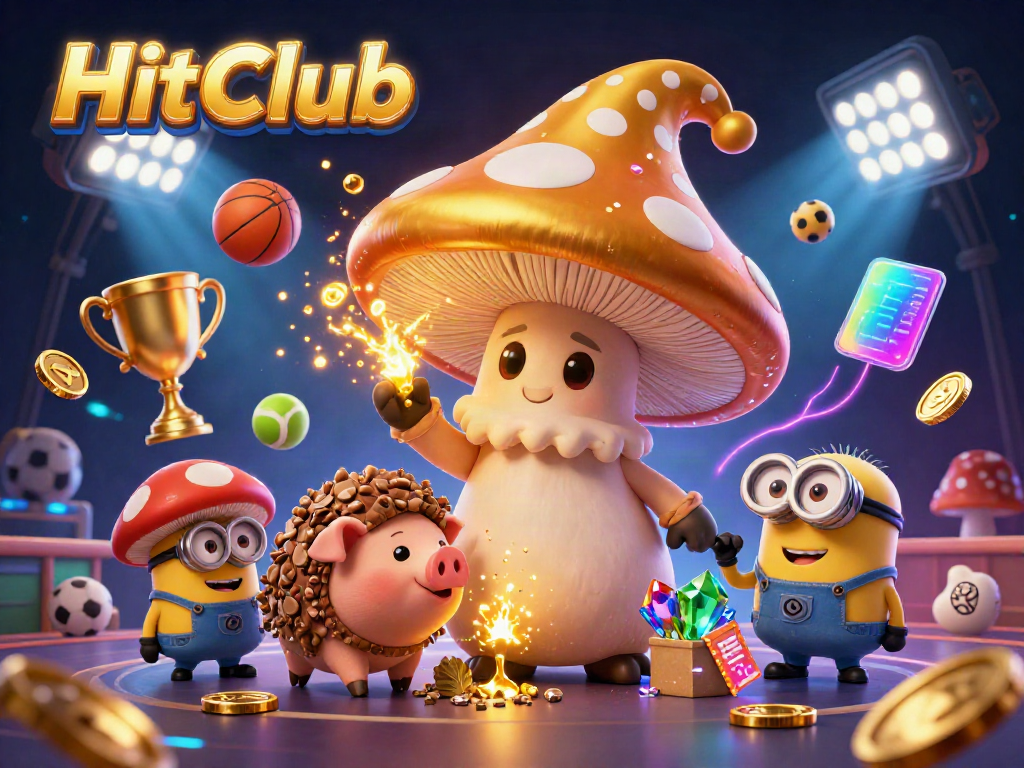 Experience the thrill of HitClub with a 3D golden mushroom wizard casting spells in a vibrant casino scene.