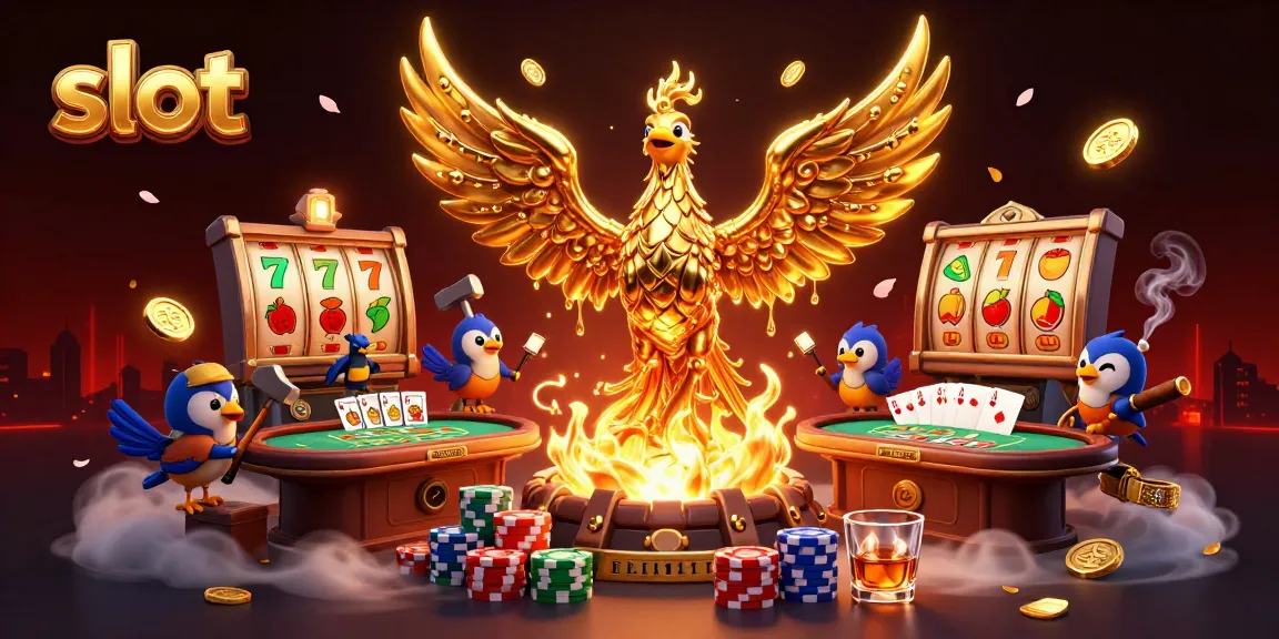 Experience thrilling slot action with a molten phoenix and poker elements in this vibrant casino illustration.