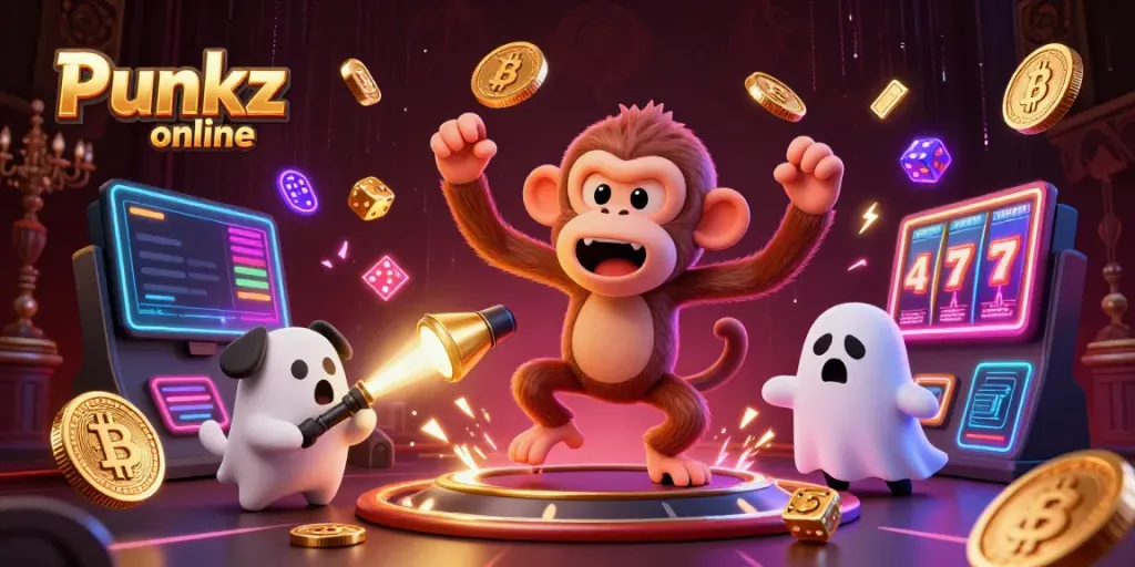Punkz online, speel met een poltergeest aap en een puppy in een spookachtig casino vol gouden munten.
