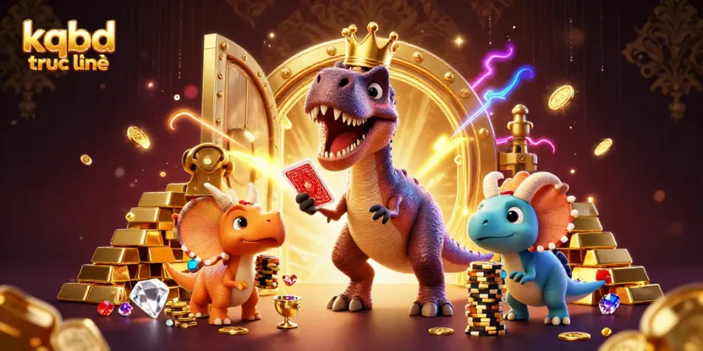 Engaging kqbd truc tuyến scene with a T-Rex shuffling cards and vibrant treasures