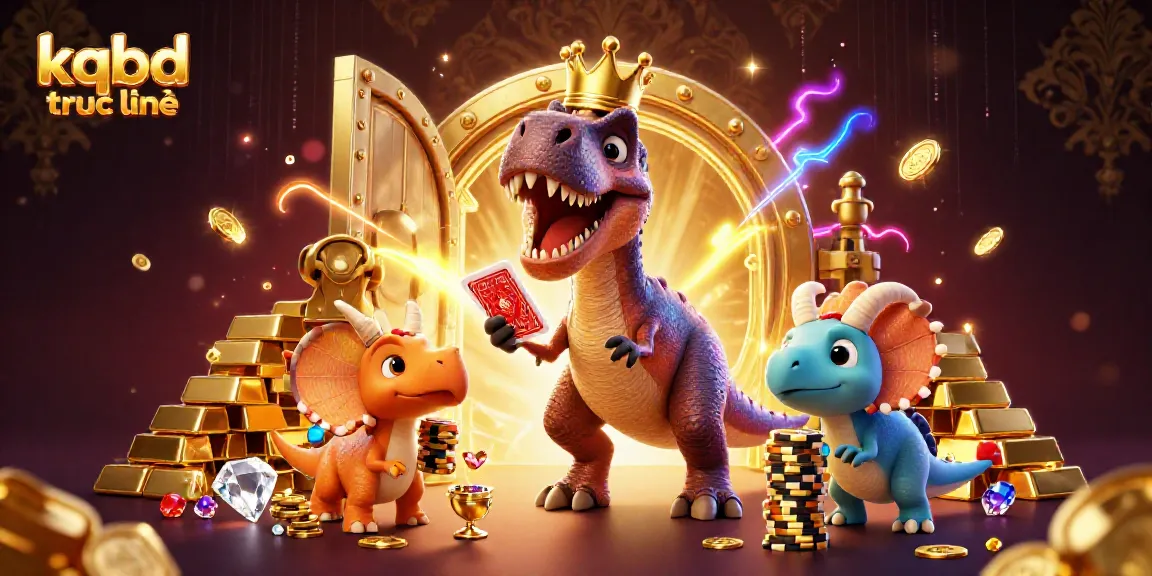 Engaging kqbd truc tuyến scene with a T-Rex shuffling cards and vibrant treasures