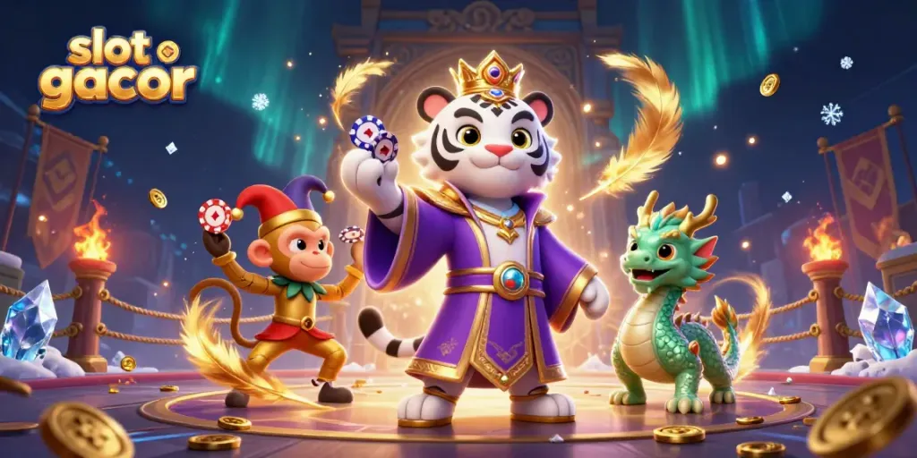 Experience the excitement of slot gacor with a vibrant scene of a white tiger, golden monkey, and jade dragon amidst a dynamic casino atmosphere.
