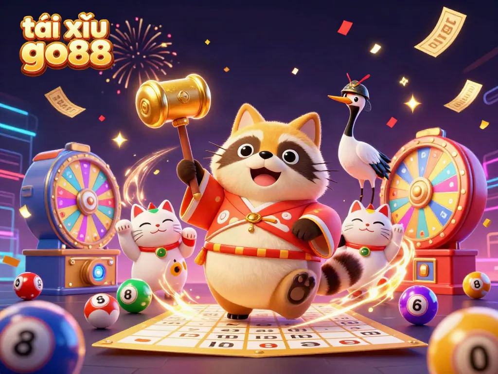 Experience the excitement of tài xỉu go88 with cheerful characters and vibrant casino elements in a festive scene.