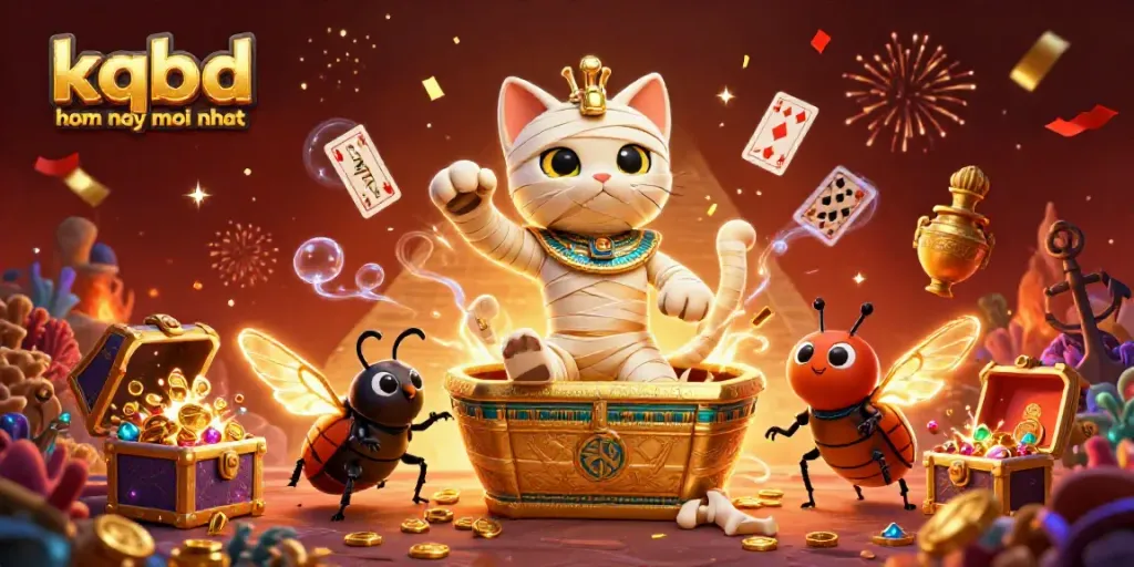 This vibrant 3D illustration captures the essence of kqbd hom nay moi nhat, featuring a mummy cat and golden scarab in a casino scene.