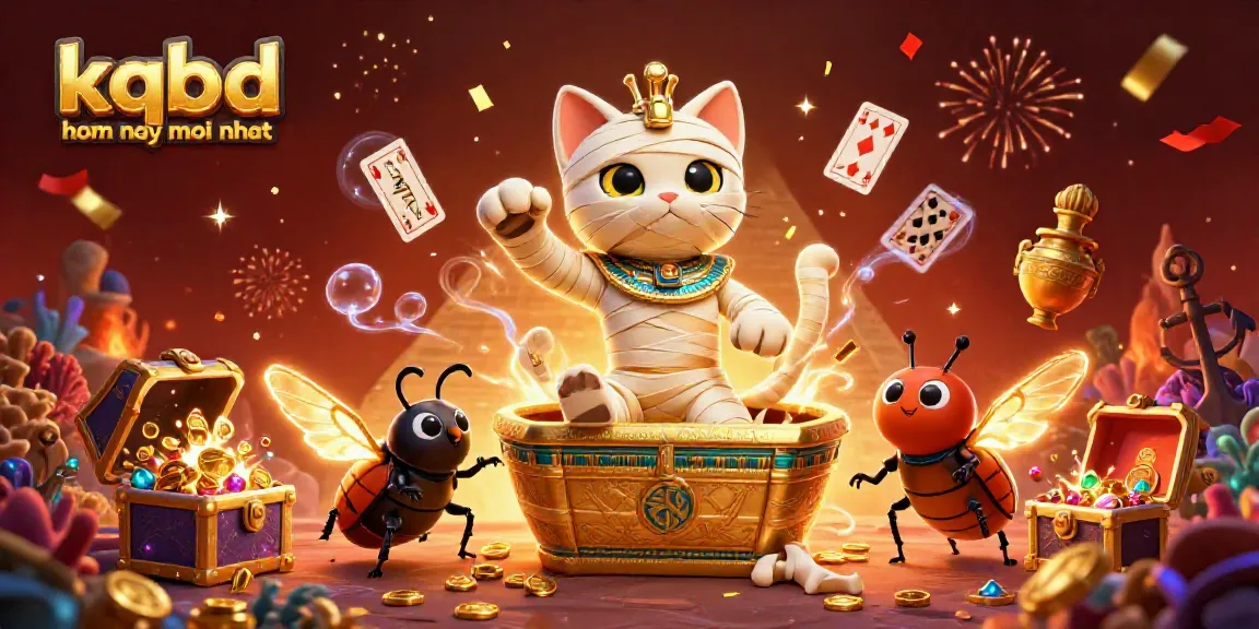 This vibrant 3D illustration captures the essence of kqbd hom nay moi nhat, featuring a mummy cat and golden scarab in a casino scene.