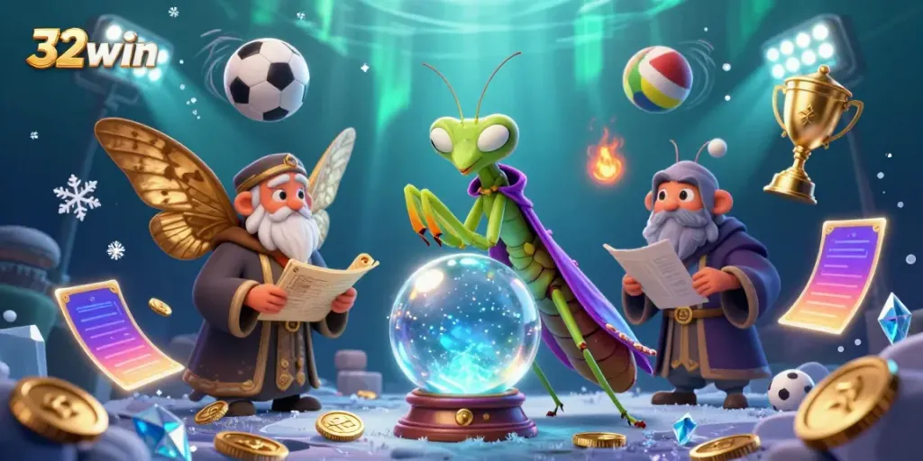 Engage with 32win in a vibrant scene featuring cartoon fortune teller, moth librarian, and dynamic sports elements.