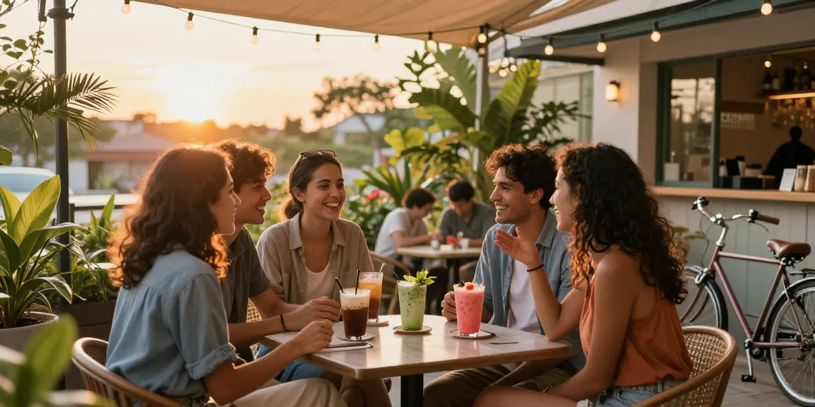 Group of friends at a café enjoying rokok88 drinks in a vibrant outdoor setting.