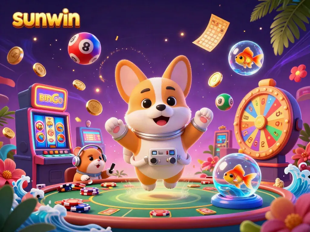 Engage in thrilling gameplay at sunwin with a casino-themed 3D illustration featuring lively characters and vibrant elements.