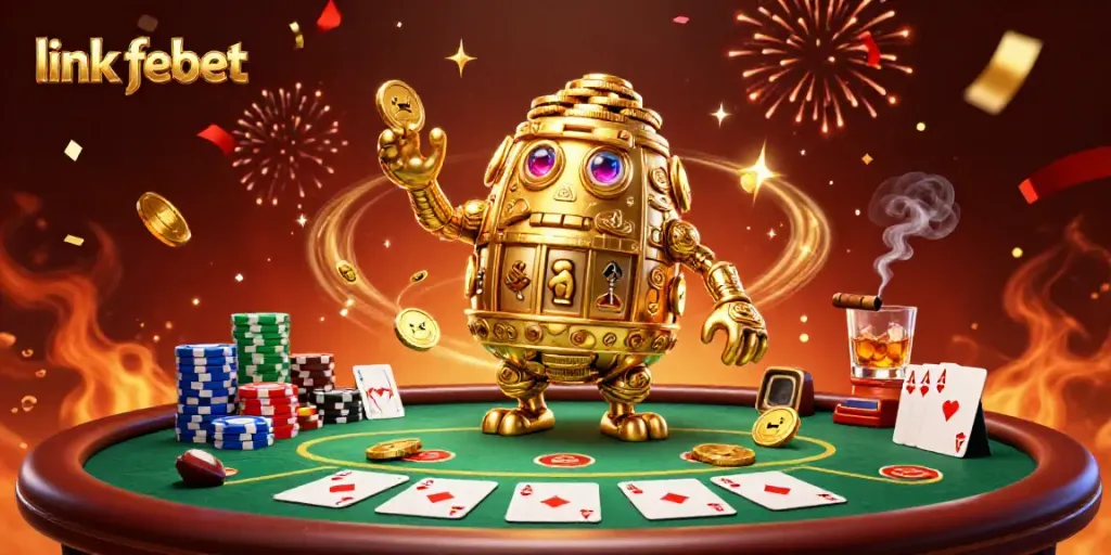 Experience the excitement of gambling with link febet's vibrant 3D casino illustration featuring a golden golem, poker elements, and festive confetti.