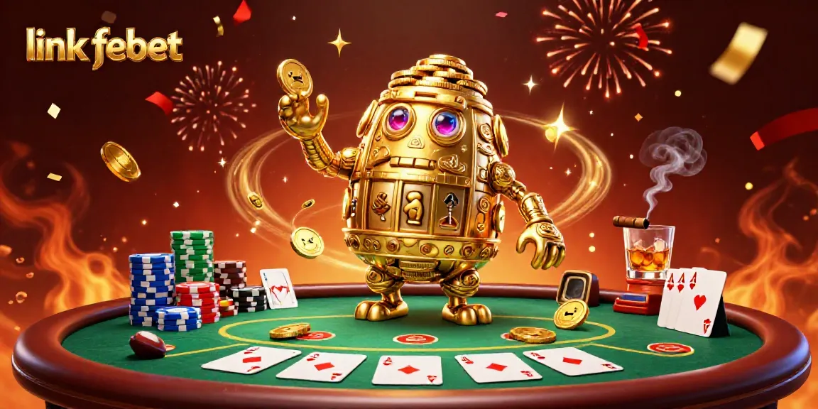 Experience the excitement of gambling with link febet's vibrant 3D casino illustration featuring a golden golem, poker elements, and festive confetti.