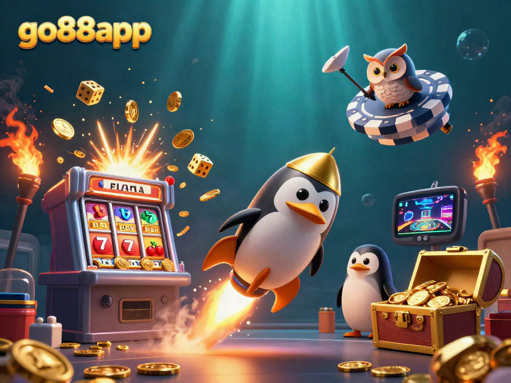 Experience the thrilling excitement of go88app with the golden penguin and casino elements.