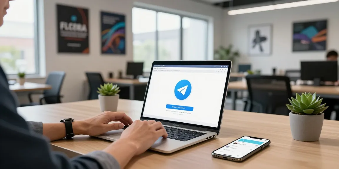 Download Telegram on a laptop with a modern tech workspace and communication tools.