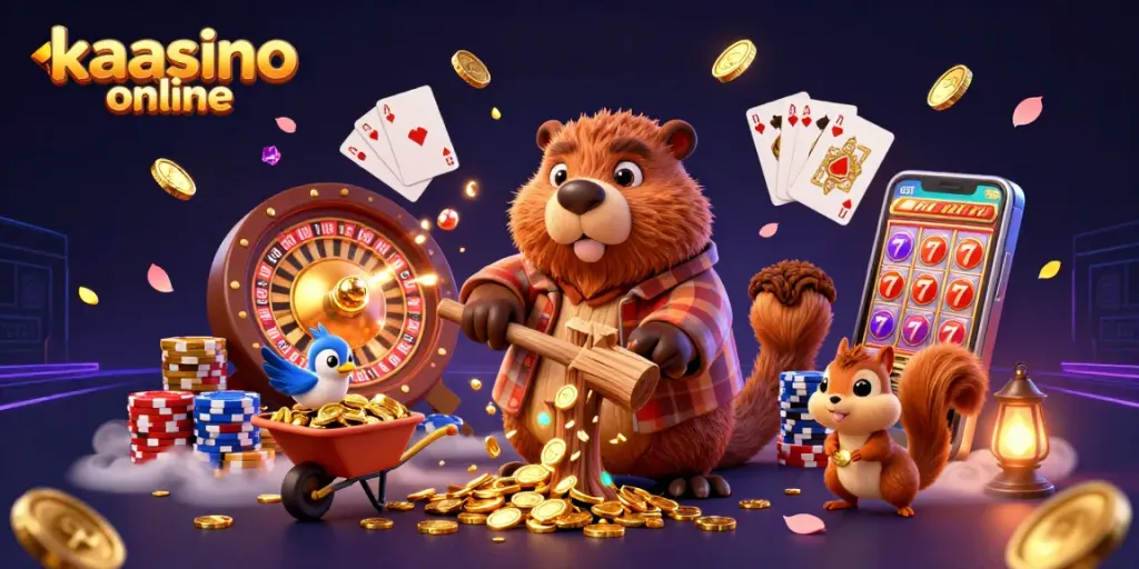 Experience the excitement of kaasino online with a lively scene filled with playful characters and casino elements.